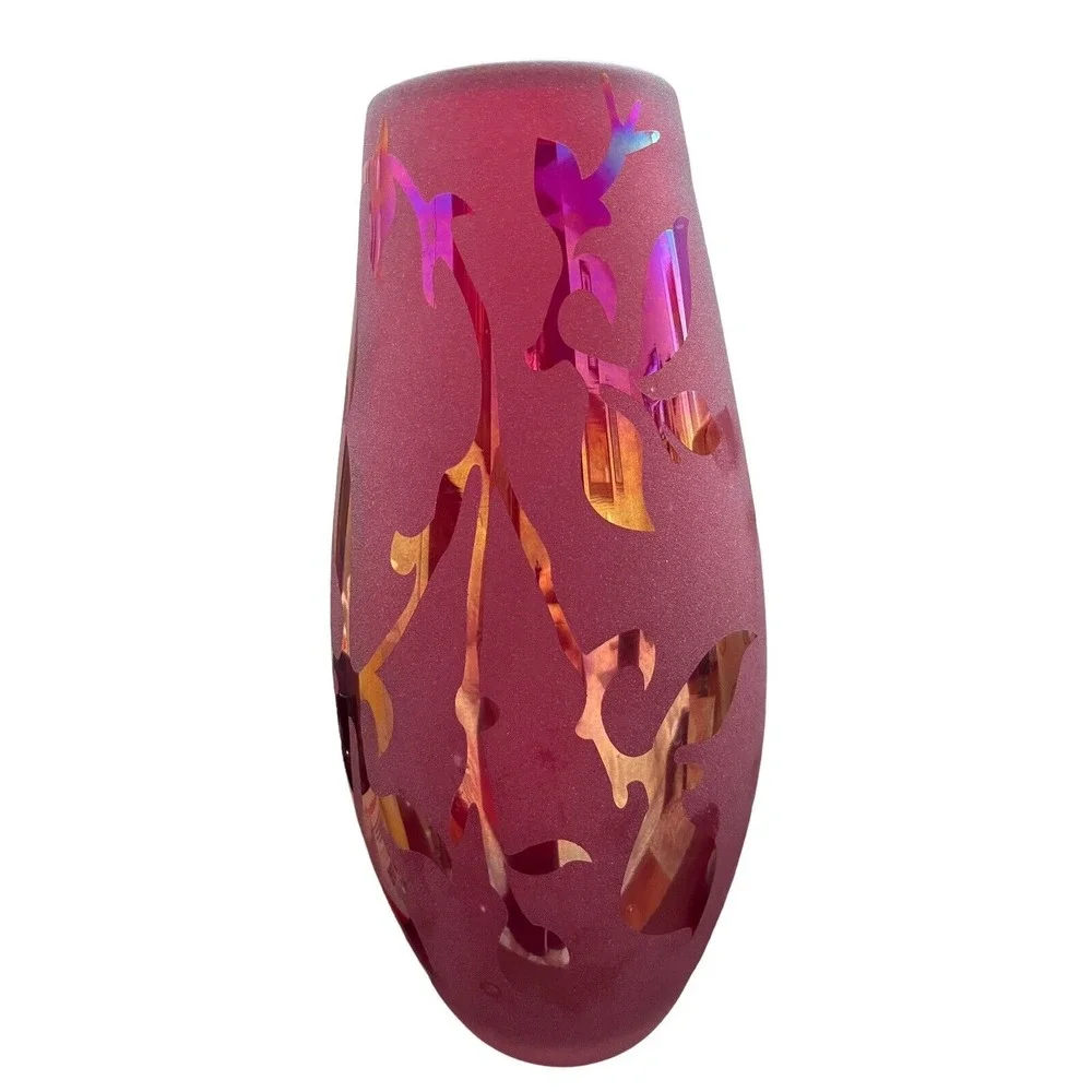 Etched Satin Art Glass‎ Vase, 10  tall, Red Satin -floral Gloss Etchings